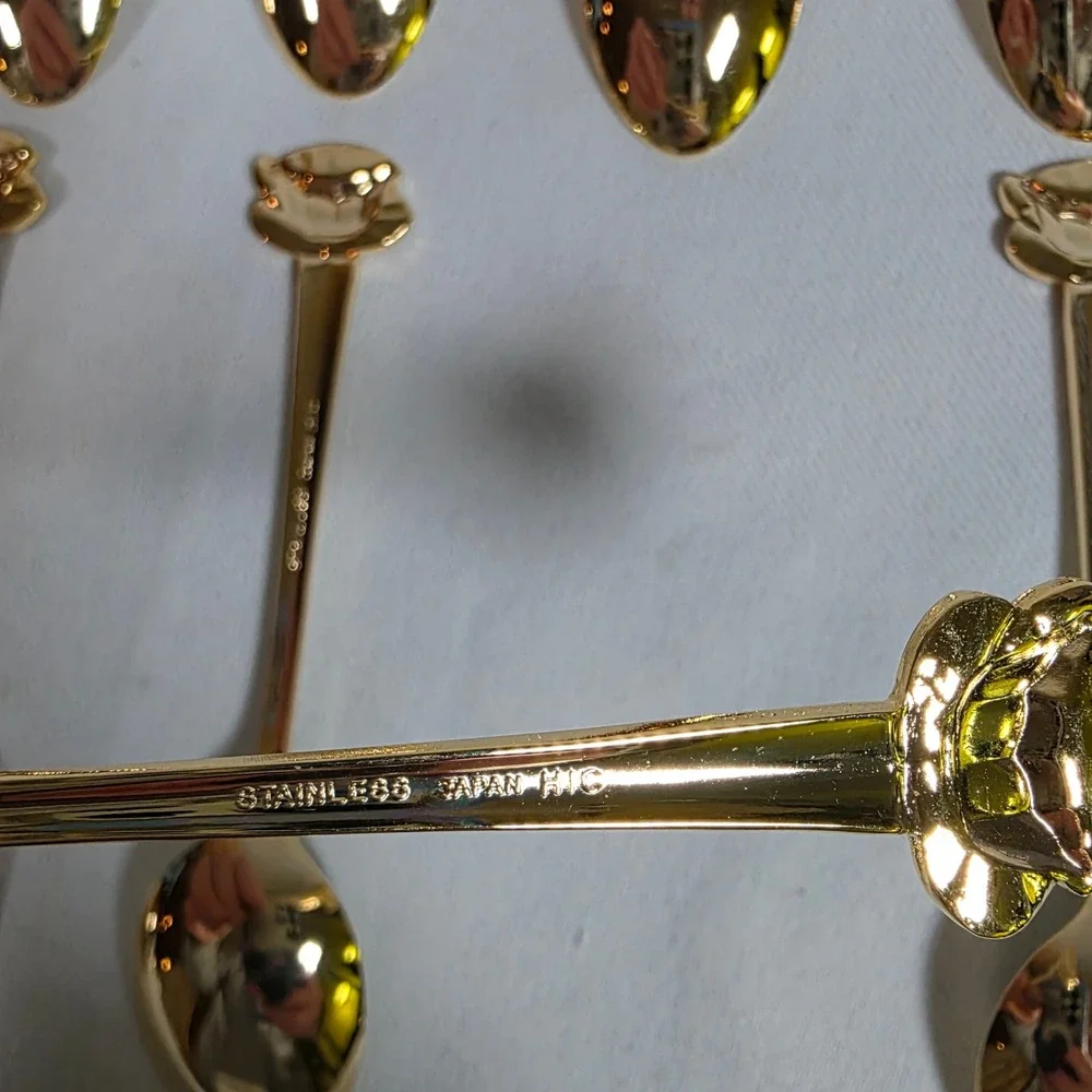 Vintage HIC Japan Gold-tone Stainless Teapot Teacup Demitasse Spoons Set of 8